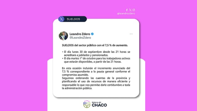 Hoy comienza el pago de sueldos con el incremento del 7,5 % para la administración publica