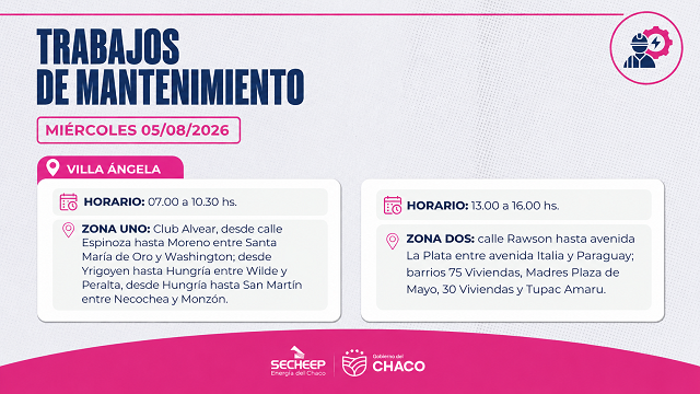 Villa Ángela: Secheep informa cortes programados para este miércoles