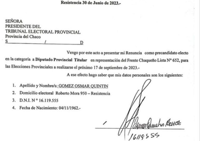El Frente Chaqueño informa sobre la renuncia de un precandidato de la Lista 652 