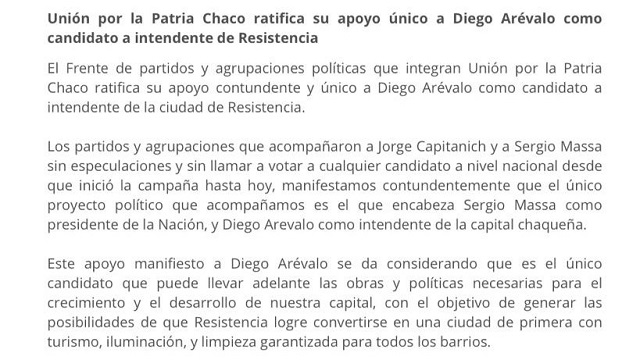 Unión por la Patria Chaco ratifica su apoyo único a Diego Arévalo como candidato a intendente de Resistencia