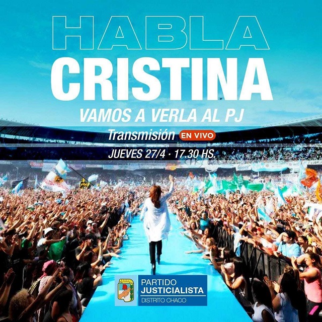 El Partido Justicialista de Chaco transmitirá en vivo el discurso de Cristina Fernández